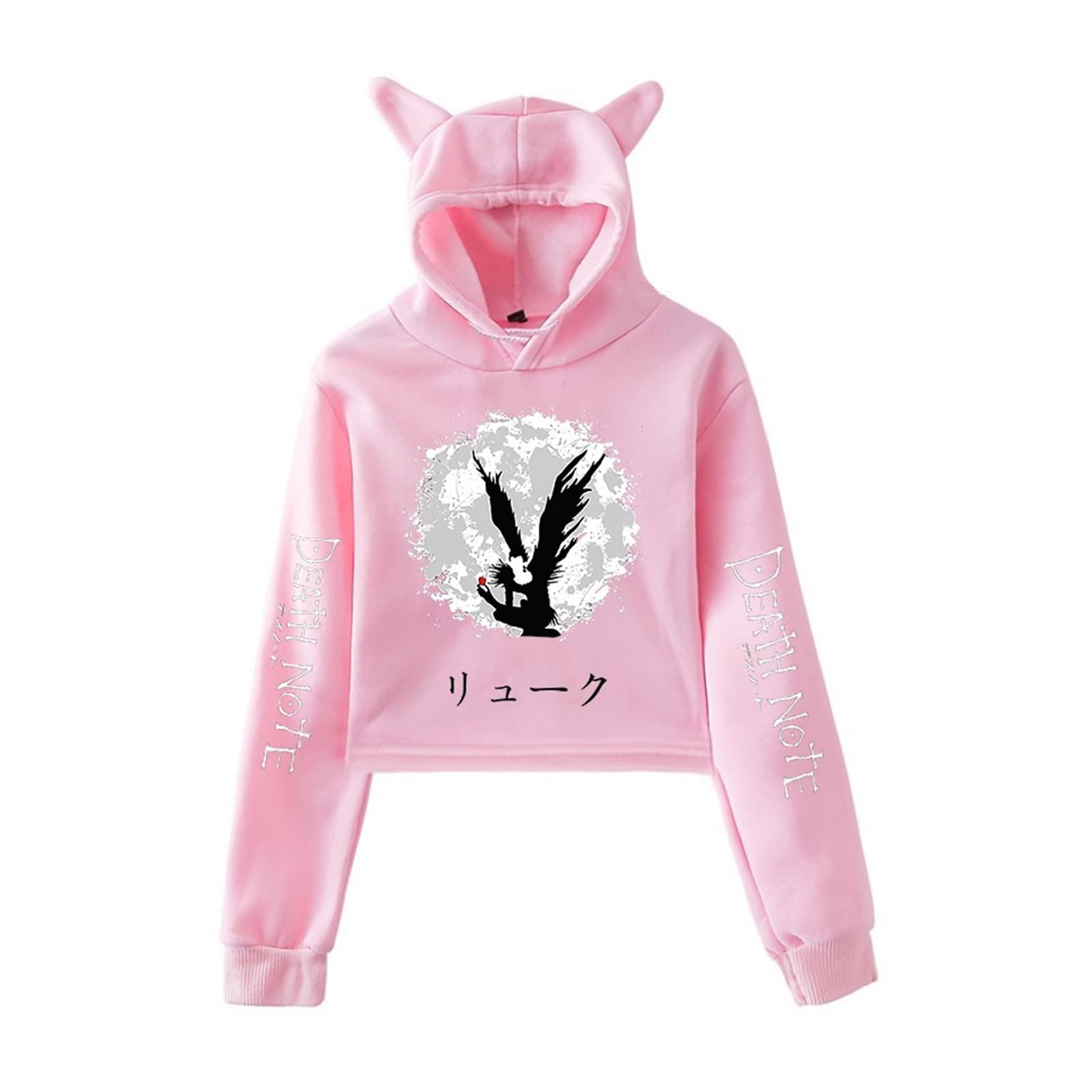 Kewing Women's # 4 Death Note Hoodie Girls Anime Ryuk Cosplay Costume Printed Pullover Long Sleeve Cat Ear Hooded Sweatshirt Manga Pullover Crop Tops
