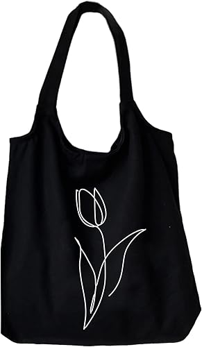 KIEKIECOO Bolsa de lona negra estética personalizada personalizada reutilizable bolsas de comestibles florales arte compras bolsa de hombro