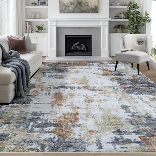 8x10 Area Rugs for Living Room Rug Washable: Abstract Large Rug for Dining Room Bedroom Carpet Non Slip 8 by 10 Indoor Modern Nursery Home Office Yellow Brown