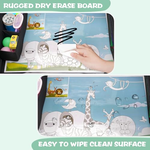 Image of MENZOKE Kids Travel Tray for Car Seat, Road Trip Essential Kids Lap Tray | Toddler Gift for Boy Activities with Dry Erase Board, No-Drop iPad Holder Stand, Cooler Cup Holder & Adjustable Strap, Black