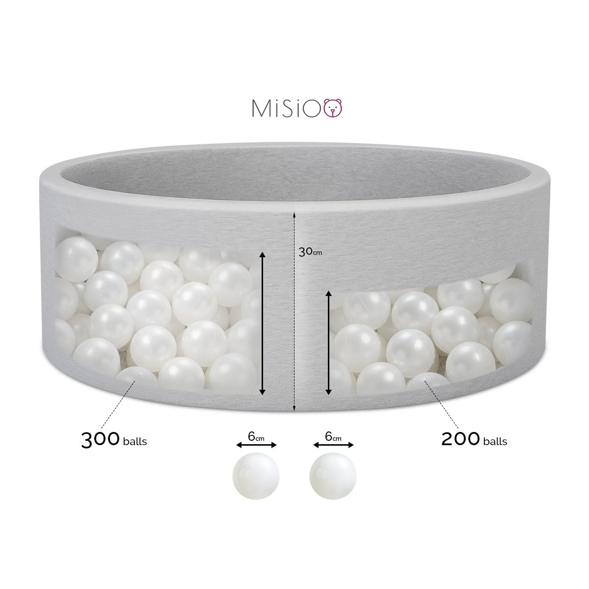 MISIOO Piłki do basenu z piłkami, 150 sztuk, piłki basenowe, średnica 6 cm, plastikowe piłki wyprodukowane w 100% z LDPE, zabawka dla niemowląt