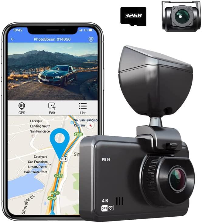 4K Dual Dash Cam Front and Rear Dashcam with SD Card Included, WiFi and GPS, Dash Camera for Cars with 3 Inches IPS Screen,Recorder with Super Night Vision, 24-Hour Parking Monitor (Renewed)