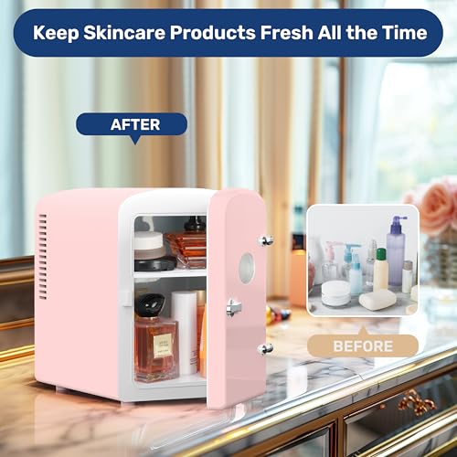 Image of HealSmart Mini Fridge Portable 6 Liter /9 Can with Observation Window, Cooler&Warmer Small Desk Compact Refrigerator for Skin Care, Cosmetics, Beverage, Food in Bedroom, Car, Office, Dorm, Pink