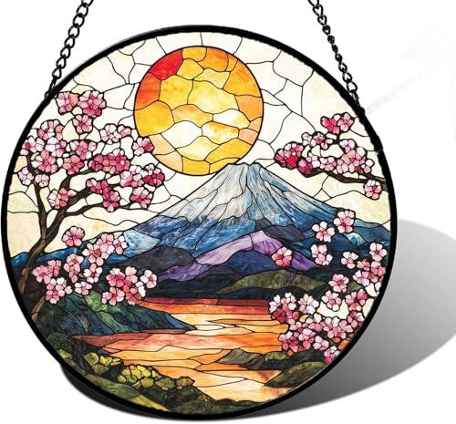 Image of DASTOLL Stained Glass Window Hanging, Sun Blooming Cherry Blossoms Suncatcher Diamond Glass Panel Sun Catchers Decor for Birthday for Women, Men, Wife, Aunt, and Mom 14.9x14.9 in