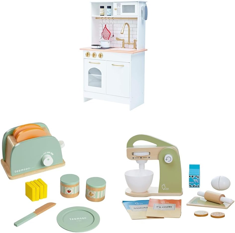 Teamson Kids Boston Compact Play Kitchen with 11-Pc. Toaster & 10-Pc. Mixer Sets – Wooden Pretend Kitchen with Sink, Oven & Accessories – Toy Cooking Set for Toddlers Ages 3+, White/Gold