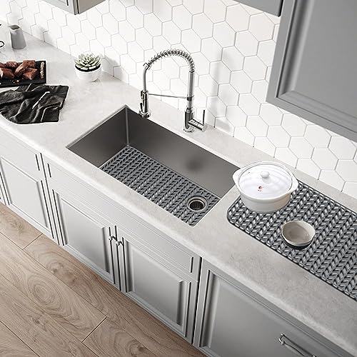 Image of GUUKIN Sink Protectors for Kitchen Sink - 28.6 inchx 14.5 inch Silicone Kitchen Sink Mat Grid for Bottom of Farmhouse Stainless Steel Porcelain Sink with Right & Left Drain(Grey), 2814R