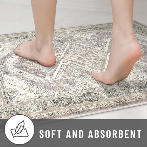 KUTA Ivory Grey Yellow Washable Runner Rug 2.6x16, Non-Slip 16ft Extra Long Hallway Kitchen Rugs, Soft Printed Distressed Oriental Medallion 16ft Stair Runners Indoor for Bedroom Entryway