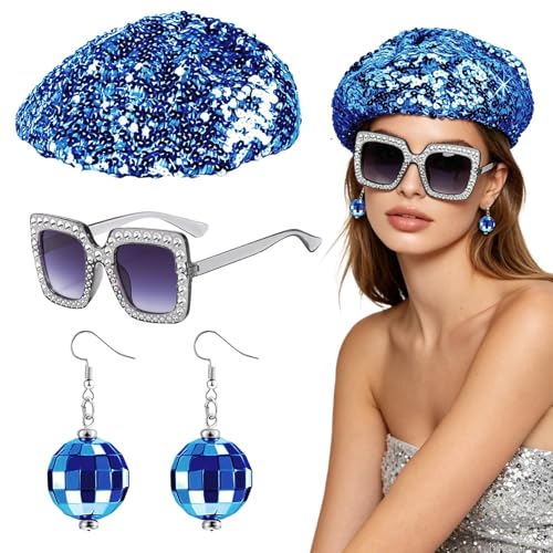 EUPSIIU 3 peças acessórios disfarces disco para mulheres, anos 70 disco boina de lantejoulas óculos de sol brincos, acessórios lantejoulas discoteca disfarce para carnaval festa (azul)