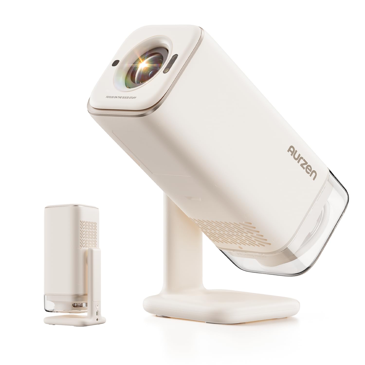 Aurzen BOOM Air Portable Google TV Projector with WiFi and Bluetooth, Smart Projector for Outdoor & Home Movie, USB-C Powered, 4K Supported, Real-Time Focus, Dolby Audio, Adjustable Stand, Off-White
