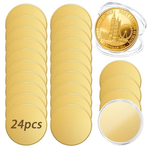 24PCS Alloy Blank Challenge Coins 40mm Laser Engravable Threaded Edge with Acrylic Protection Box for DIY Crafts and Commemorative Collection (Gold-Plated)