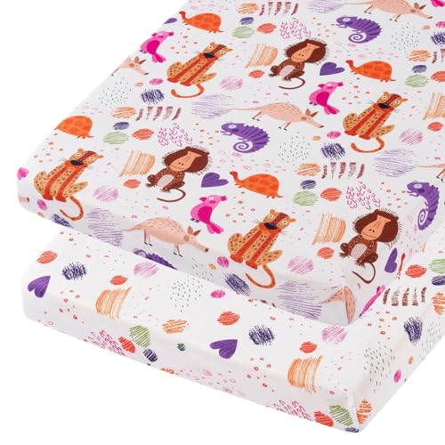 Image of TILLYOU Mini Crib Sheets Fitted 2 Pack, Pack and Play Sheets for Toddler Mattress, Soft and Breathable 38”x 24” Pack n Play Mattresses Cover, Animal Graffiti & dot Printing