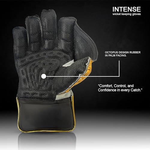 Image of Heega Intense Black PU Leather Cricket Wicket Keeping Gloves Suitable for Professional Players | Durable Construction, Superior Grip, High-Density Finger Protection (Youth)