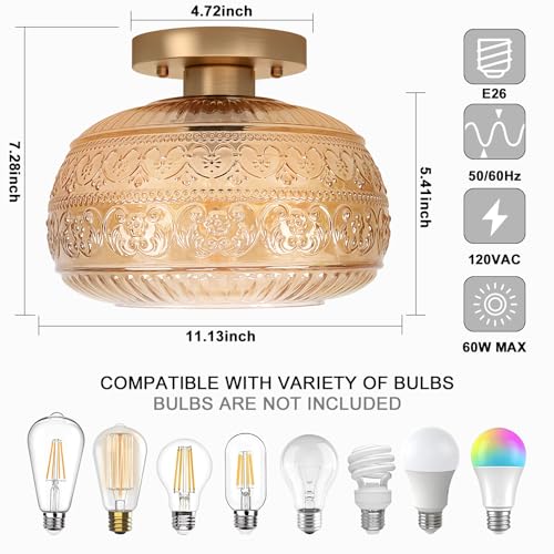Semi Flush Mount Ceiling Light Fixture, 11" Vintage Gold Hallway Lights Fixture Ceiling with Amber Glass for Kitchen, Hallway, Bathroom and Entry Way,Compatible with E26 Light Bulb