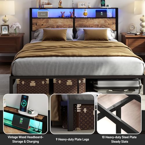 Image of King Size Bed Frame with Headboard, Metal Platform Bed Frame with LED Lights & Charging Station, Under Bed Storage, Solid and Stable, No Box Spring Needed, Noise Free, Easy Assembly, Vintage Brown