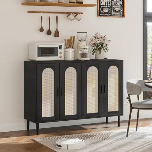 Rattan Sideboard Buffet Cabinet, Wooden Side board Accent Buffet With Power Outlet, Wood Sideboard With 4 Doors, BOHO Cabinet For Entryway, Hallway, Dining Room, Living Room, Coffee Bar (BLACK)