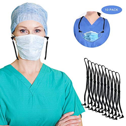 10 Pack Mask Lanyard - Adjustable Ear Pressure Relief Safety Holder & Hanger with with Clasps Extension Hook for Adult and Child Black