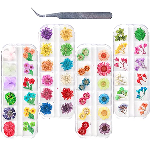 UOONY 48 Colors 3D Dried Flowers for Nails, 4 Boxes Tiny Dry Flowers for Resin Nail Art with Tweezers, Real Natural Flower for Nail Art, Gift Decoration