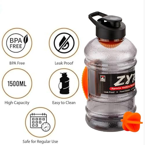 Image of Zyro Pack of 2, 1.5L Gallon Water Bottle with Mixer Ball & Strainer | Leak Proof & BPA-Free | Gym, Office, Travel & Sports Bottle for Men & Women Protein Shaker, Running & Workout-Orange,Black Combo