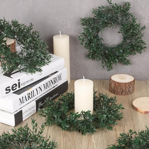 Image of 6 Pcs Artificial Boxwood Candle Rings Wreaths Mini Green Kitchen Cabinet Wreath Table Centerpieces Spring Summer Rings Wreaths for Pillars Farmhouse Wedding Party Decor