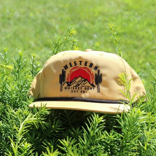Image of WHISKEY BENT HAT CO. Western Sunset Landscape Adjustable Snapback Hat UPF 50+, Water Resistant, Roped Snapback Cap, Baseball Cap for Men (US, Alpha, One Size, Burnt Yellow)