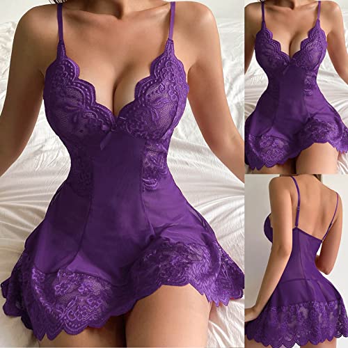 Ontspannen Overmaats Nachthemd Nachtkleding Women Fashion Floral Lace Cover Up Suit Scallop Trim Slip With Thong Women Costumes Red Lace Lingerie (Purple, M) - Image 3