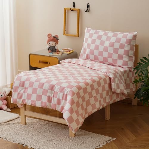 Image of Luxlovery Toddler Comforter Set Checkered Plaid Pink White Kids Boho Bedding Set Bed Set for Dorm 4 Pieces (1 Comforter, 1 Flat Sheet, 1 Fitted Sheet, 1 Pillowcase)
