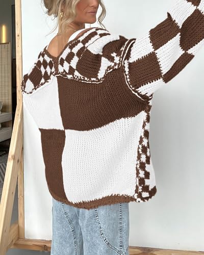 Image of BTFBM Casual Cardigan Sweater for Women Fall 2026 Long Sleeve Open Front Chunky Knit Sweaters Checkered Outwear Coat