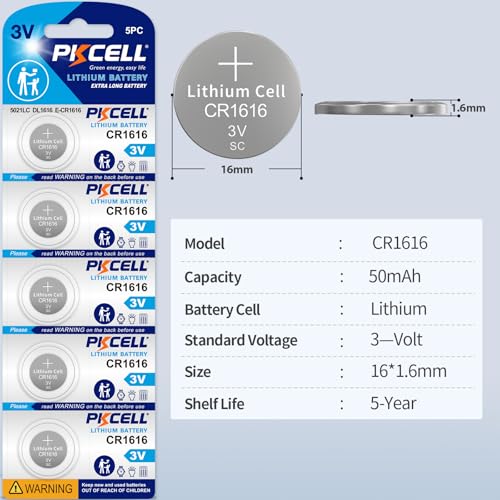 PKCELL 5Pcs CR 1616 Batteries CR1616 3V Lithium Battery for Car Remote, Key Fob, Watch