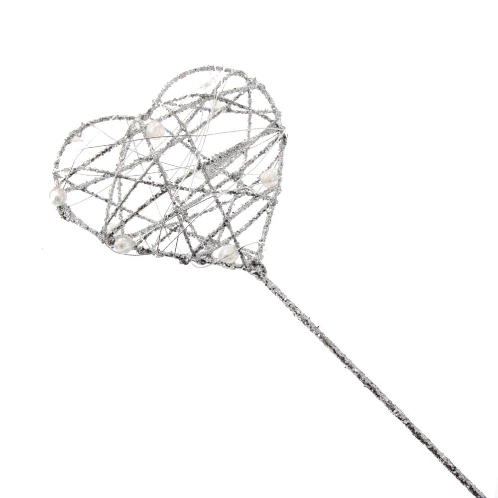 Corsage Creations - Glittered Heart Wand - Silver (7cm Diameter on 30cm Handle)