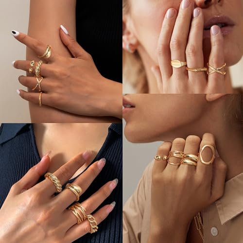 HAIAISO 16 Pcs Gold Rings Set for Women Non Tarnish 18K Gold Plated Chunky Rings Adjustable Stackable Thick Dome Ring Pack4