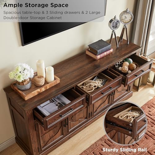 Image of JXQTLINGMU 66 inch Farmhouse Buffet Cabinet with Storage, Sideboard Credenza, Carved Cloud-Inspired Doors, 3 Drawers & Adjustable Shelves, Coffee Bar Cabinet, Dark Brown