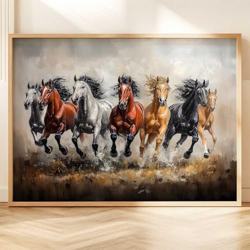 Image of HOTHOUSE Seven Running Vastu Lucky Horse Painting | 7 Horses Vastu Frame Wall Art Painting for Living Room Bedroom Office Home Decor Wall Decor Size (19X25 inch)