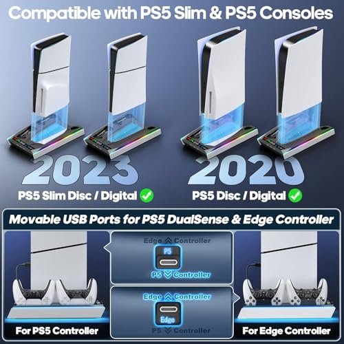 Image of PS5 /PS5 Slim Stand with Automatically Adjustable 3-Level Fan for All PS5 Consoles, PS5 Stand with RGB Light and Controller Charging Station for PS5 & Edge Controller, PS5 Accessory Set