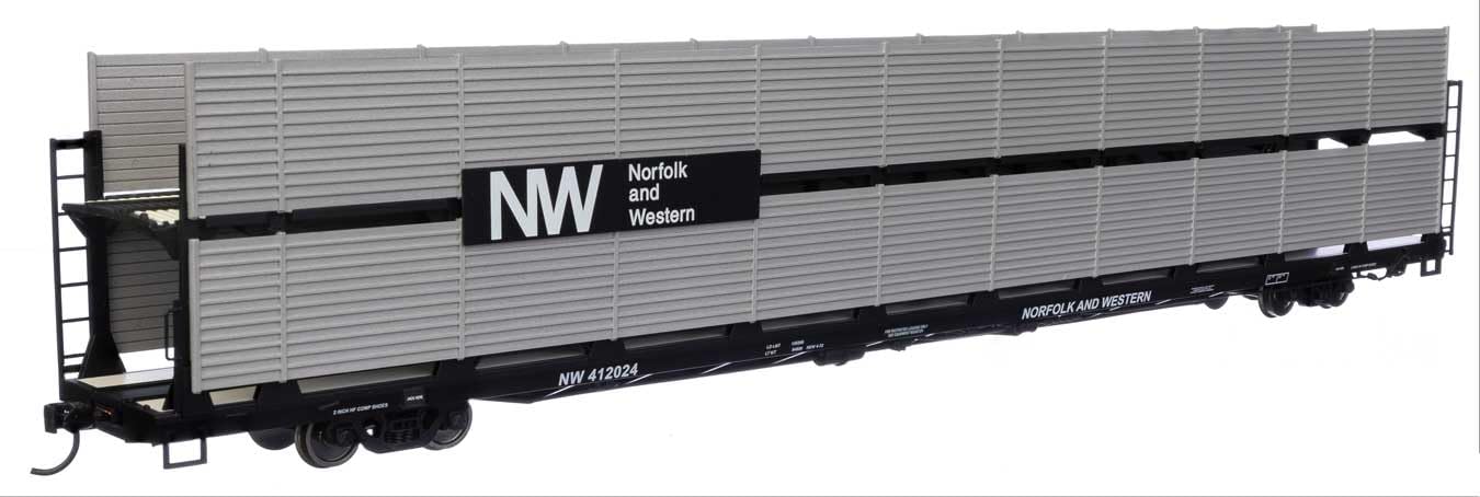 Walthers Mainline 910-8122 HO Scale 89' Flatcar w/Bi-Level Shielded Auto Rack - Ready to Run - Norfolk & Western Rack & Flatcar #412024