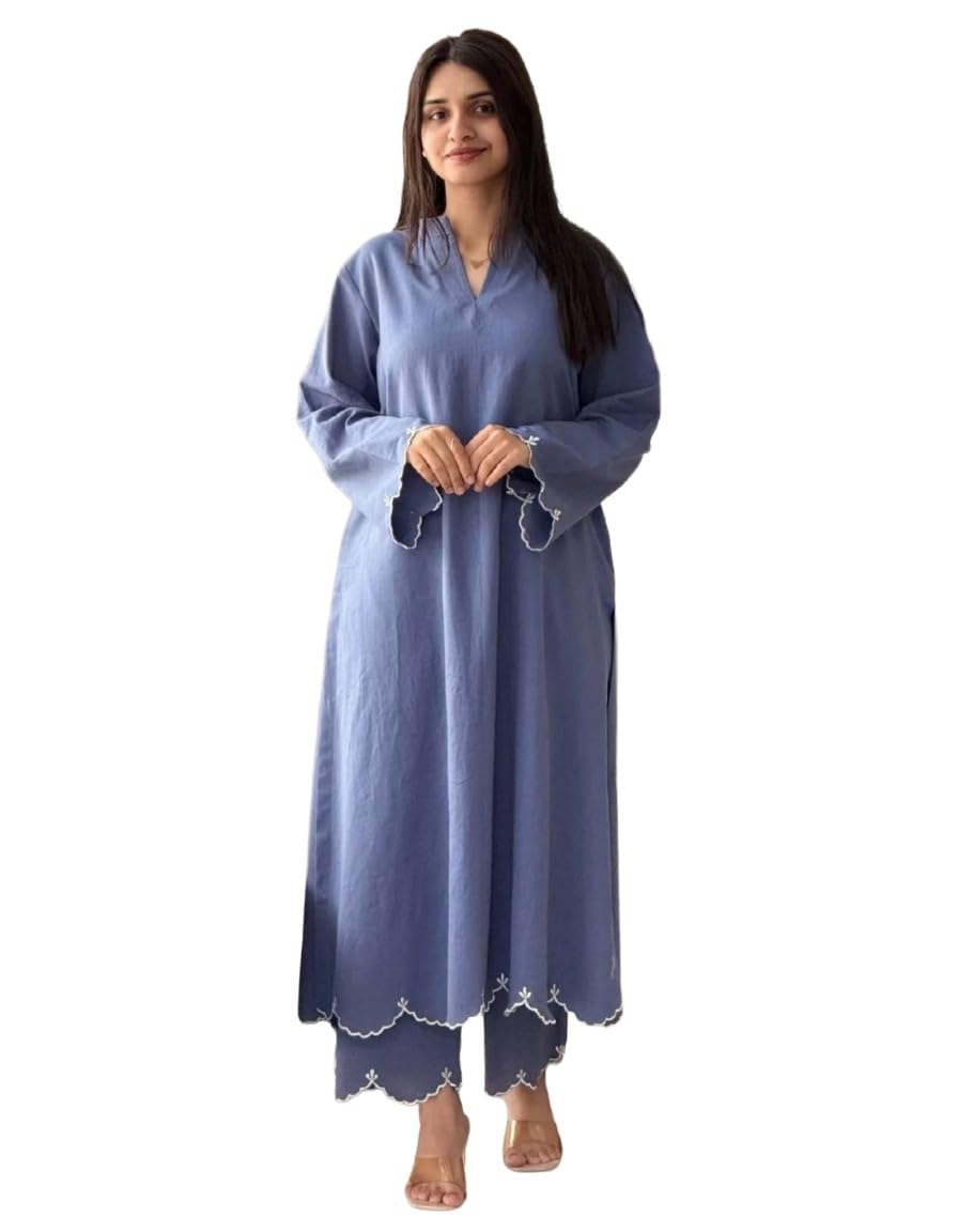 anni designer Women Viscose Embroidered Straight Kurta with Palazzo | V Neck Long Sleeve Kurta Set | Ethnic Kurta Palazzo Set for Women-picture-18