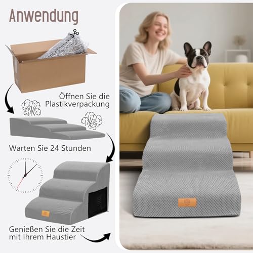Thihome Hundetreppe für Kleine Hunde, 3 Stufen Haustiertreppe wasserdichte Katzentreppe, Abnehmbarer Schwamm Hunderampe mit Waschbar Bezug für Bett, 60x40x40cm