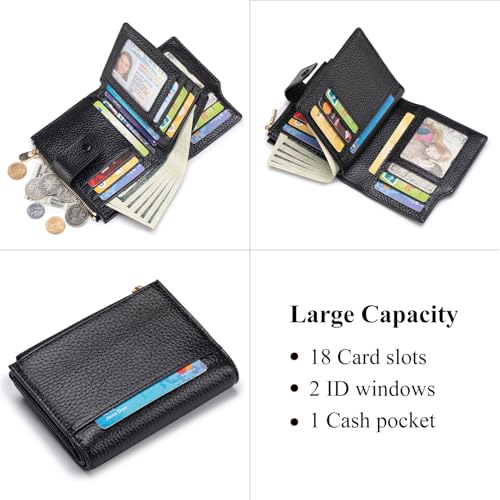 Image of Genuine Leather Wallets for Women RFID Blocking Bifold with Zipper Pocket, 2 ID Windows, 18 Card Slots, Black