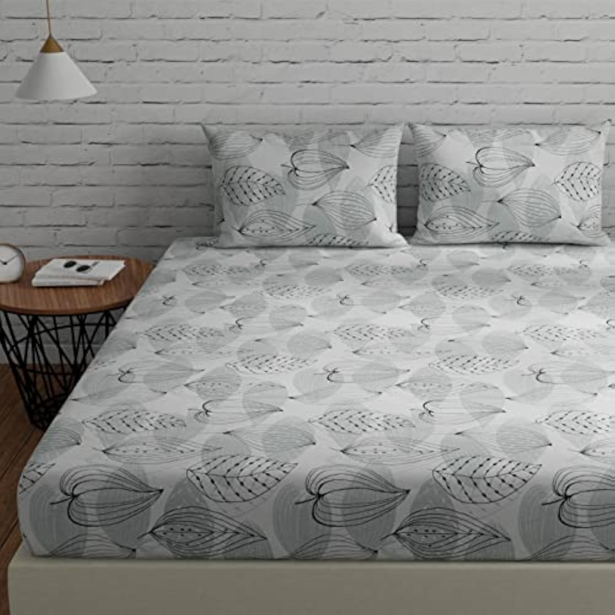 Cotton 144 TC Double Bed Bedsheet with 2 Pillow Covers, Grey & Black