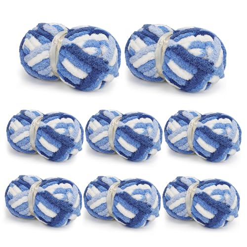 Chunky Yarn for Hand Knitting, Chunky Chenille Blanket Yarn for Crocheting, Bulky Soft Fluffy Chenille for Blanket Project, 8 Pack of 8oz/25yds, White&Blue