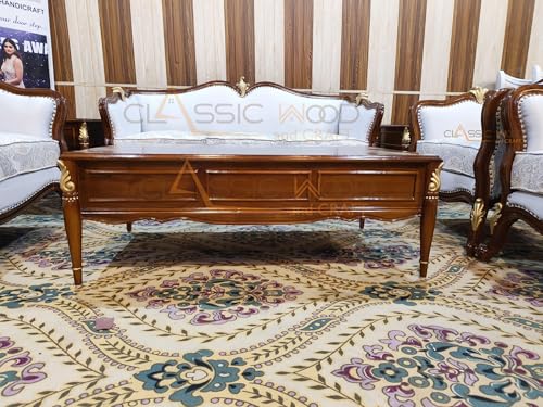 Image of Classic Wood & Craft Italian 7-seater Sofa Set | Teak Wood (3+2+1+1) Sofa Center Table | Victorian Style Hand-carved Wooden Sofa Set | Walnut Finish | Elegant Living Room Sofa Set I Furniture For Home
