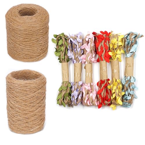 Molyorch 212M Cordel de Yute para jardín 3 mm + cordón de Yute marrón 1 mm + 5mm cordón de Hojas para Cuadros de jardín Plantas Manualidades, Color Natural, cordón de Yute