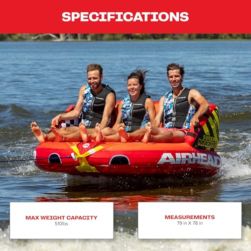 Image of Airhead Mable Towable Tube for Boating, 1-4 Rider Inflatable Boat Tube for Water Tubing, Heavy Duty Full Nylon Cover, EVA Foam Pads, Dual Tow Point, Patented Speed Safety Valve