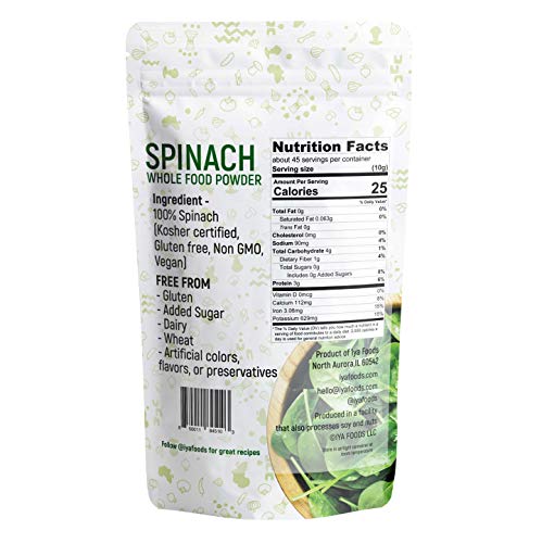 Iya Foods Pure Spinach Powder 1 lb. Pure, All Natural, Non-GMO, Gluten Free, Nothing Artificial Added. Made 100% from Freshly Harvested Spinach
