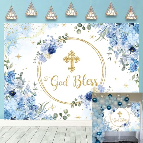 Image of God Bless Backdrop for Boy First Holy Communion Baptism Background Blue Floral Glitter Christening Party Decorations Banner Newborn Baby Shower Photography Banner (7x5FT: 84x60 inch)