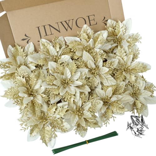 JINWOE 12PCS Christmas Tree Decorations,Xmas Poinsettia Artificial Flowers with Clips and Steams,Red Glitter Silk Flowers for DIY Wreath Ornaments Home Party