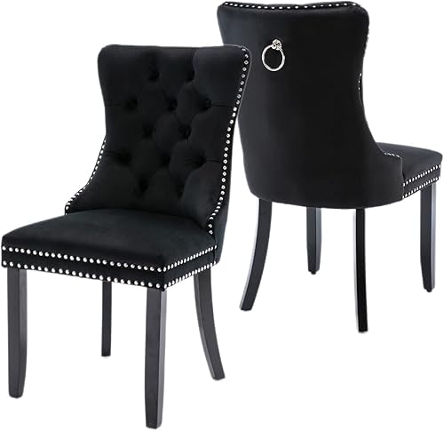 Laverntard Juego de 2 sillas de comedor de terciopelo modernas tapizadas con botones y ribete de anillo trasero patas de madera maciza para cocina