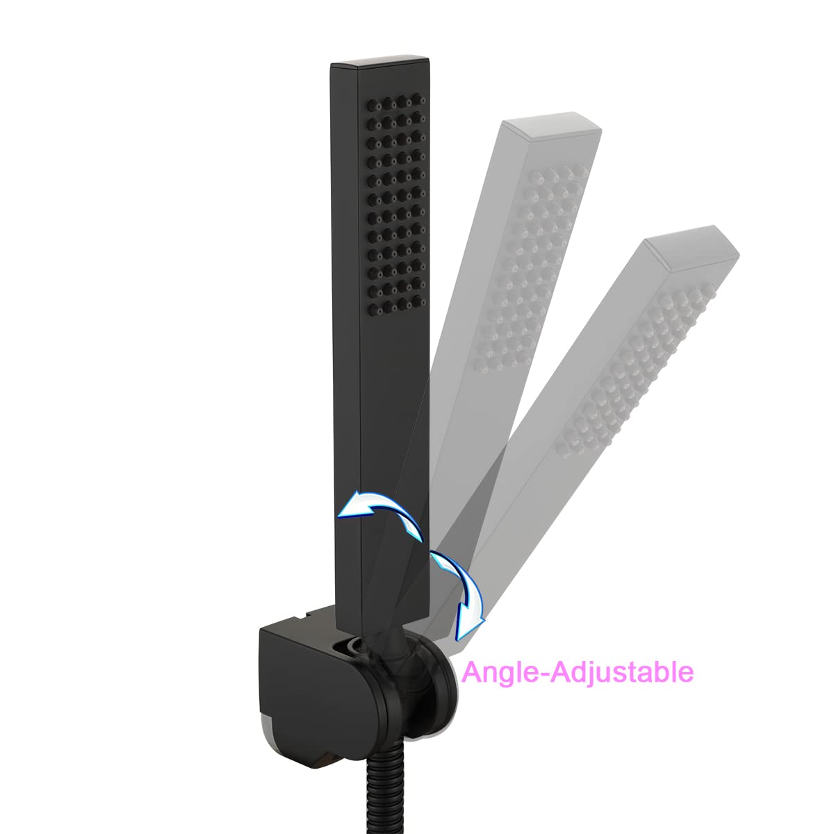 Asyas Cabezal de rociador cuadrado de latón macizo de mano con conector de pared ajustable, soporte de ducha y manguera negro mate de alta presión