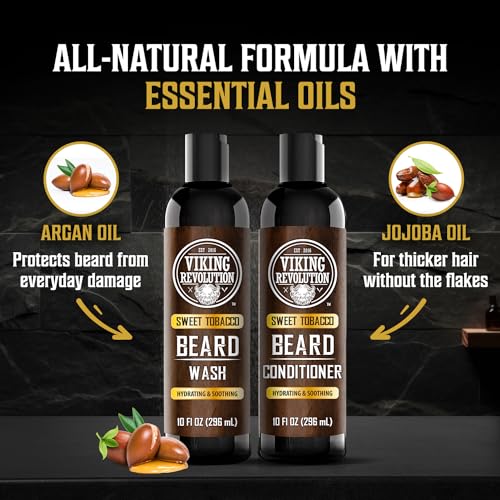 Image of Viking Revolution Beard Wash & Conditioner Set - Sweet Tobacco - 10 oz | Formulated with Argan & Jojoba Oils - Softens & Strengthens Beard - Sweet Tobacco Scent