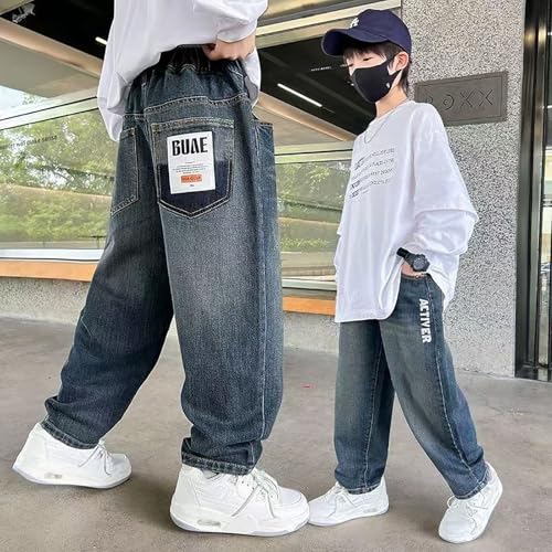 Boys Straight Wide Leg Jeans Baggy Y2K Casual Elastic Waist Denim Pants Loose Streetwear Winter Trouser with Pockets3