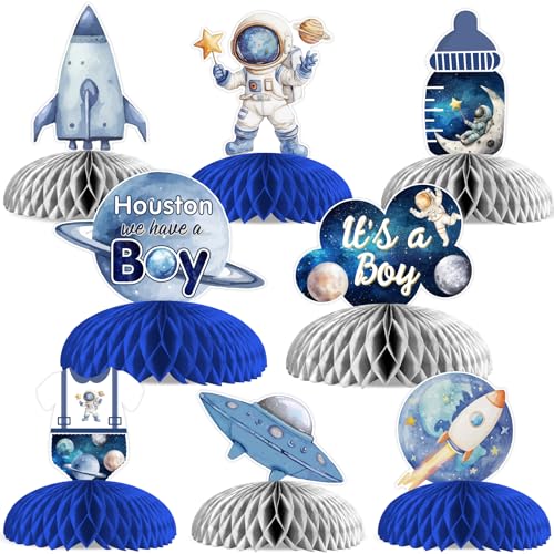 Fiesta de astronauta y planeta con kit de centros de mesa de panal para baby shower de niño